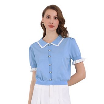 Women's Contrast Color Blouse Button Decor Knit Ruffled Crop Tops