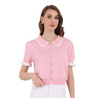 Women's Contrast Color Blouse Button Decor Knit Ruffled Crop Tops