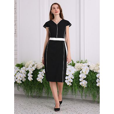 Women's Contrast Color Dresses Knee Length Office Cap Sleeve Sheath Dress
