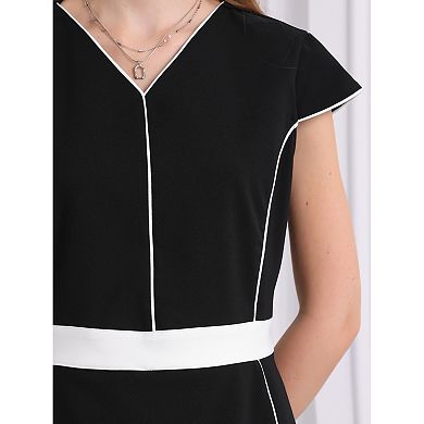 Women's Contrast Color Dresses Knee Length Office Cap Sleeve Sheath Dress
