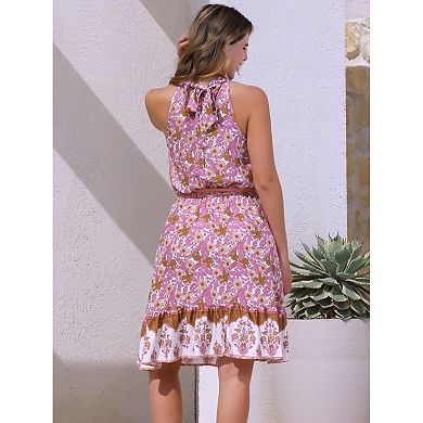 Floral Boho Dress for Women's Summer Beach Belted Halter Neck Sleeveless Sundress