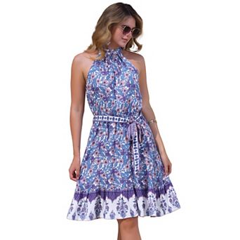 Floral Boho Dress for Women's Summer Beach Belted Halter Neck Sleeveless Sundress