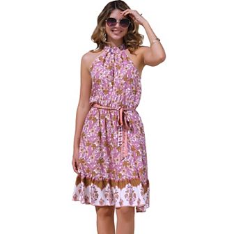 Floral Boho Dress for Women's Summer Beach Belted Halter Neck Sleeveless Sundress