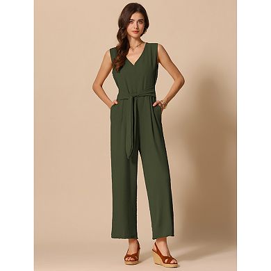 Wide Leg Jumpsuit for Women's V Neck Casual Sleeveless Romper