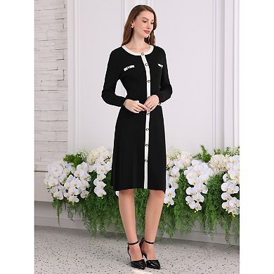 Women's Contrast Color Sweater Dresses Long Sleeve Knit A-line Midi Dress