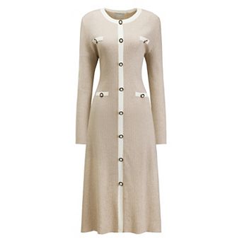 Women's Contrast Color Sweater Dresses Long Sleeve Knit A-line Midi Dress