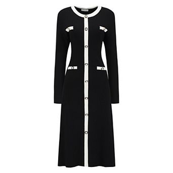 Women's Contrast Color Sweater Dresses Long Sleeve Knit A-line Midi Dress