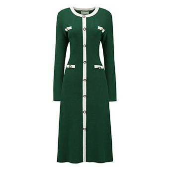 Women's Contrast Color Sweater Dresses Long Sleeve Knit A-line Midi Dress