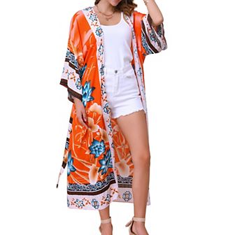 Women's Kimono Robes with Belt Loose Fit Causal Beach Bikini Swimsuit Floral Print Cover Up