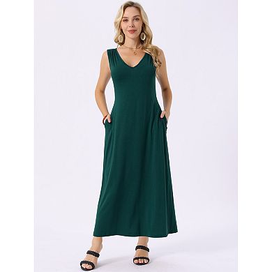 Women's Sleeveless Dresses Tie-Waist Knit Beach Tank Casual Maxi Dress with Pockets