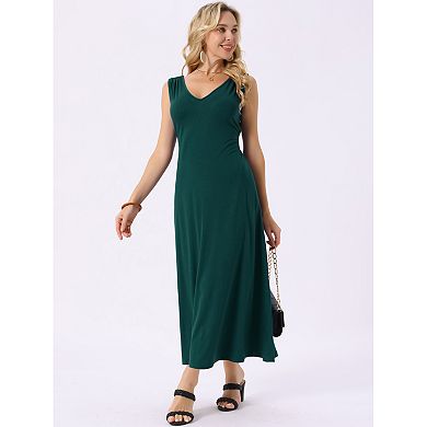 Women's Sleeveless Dresses Tie-Waist Knit Beach Tank Casual Maxi Dress with Pockets