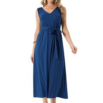 Women's Sleeveless Dresses Tie-Waist Knit Beach Tank Casual Maxi Dress with Pockets