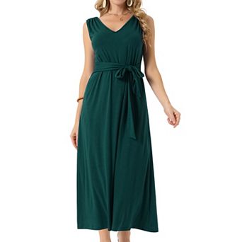 Women's Sleeveless Dresses Tie-Waist Knit Beach Tank Casual Maxi Dress with Pockets