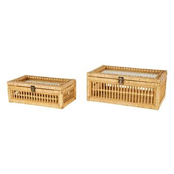 Stella & Eve Rattan 2 pc Woven Storage Decorative Box with Glass Top Table Decor