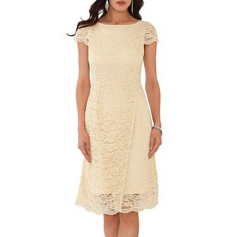 Women's Floral Lace Dress Cap Sleeve Boat Neck Cocktail Midi Wedding Guest Dresses