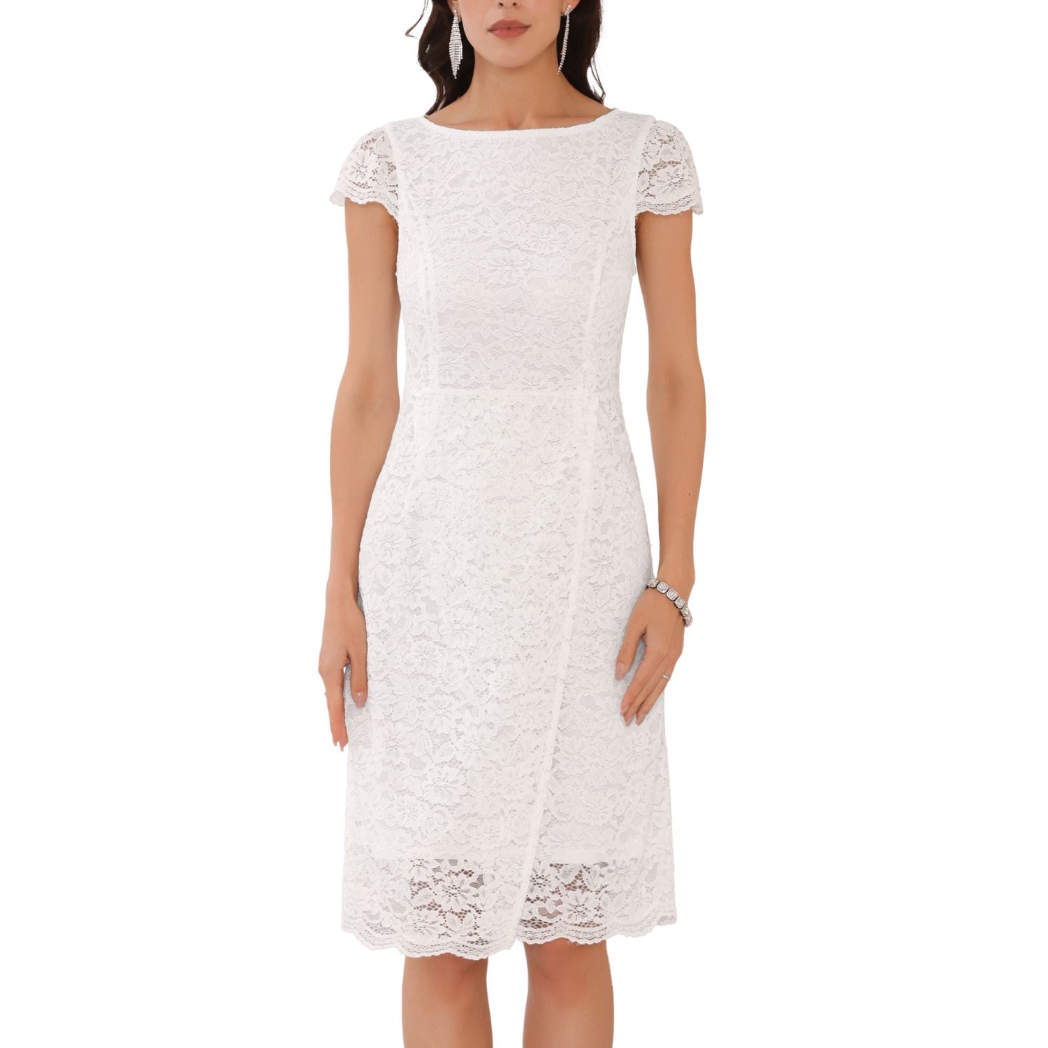 Inspire Chic Women's Cocktail Floral Lace Cap Sleeve Boat Neck Midi Dress White Small Women's Floral Lace Dress Cap Sleeve Boat Neck Cocktail Midi Wedding Guest  Dresses