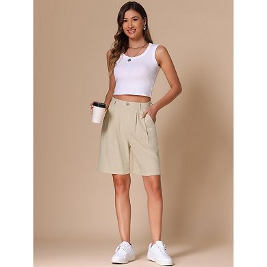 Bermuda Shorts for Women's High Waisted Linen Wide Leg Elastic Waist Dressy Casual Summer Shorts