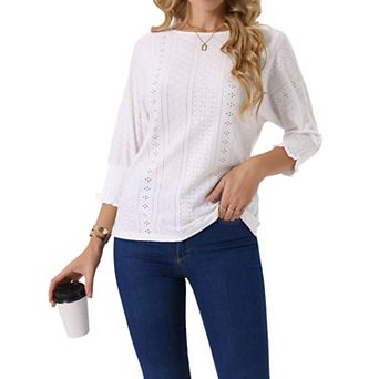Women's Batwing 3/4 Sleeve Tops Summer Casual Eyelet Blouse Crewneck Tunic T-Shirts