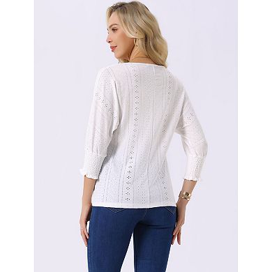 Women's Batwing 3/4 Sleeve Tops Summer Casual Eyelet Blouse Crewneck Tunic T-Shirts