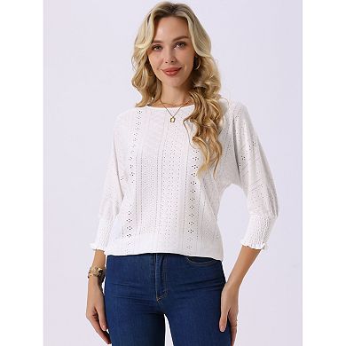 Women's Batwing 3/4 Sleeve Tops Summer Casual Eyelet Blouse Crewneck Tunic T-Shirts