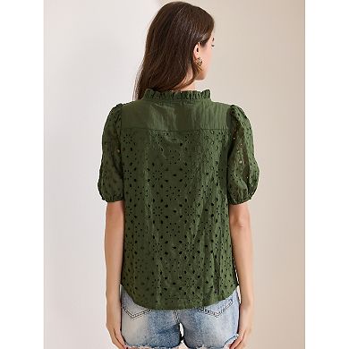 Women's Summer Floral Crochet Hollow Out Ruffle Neck Short Sleeve Top