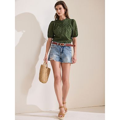 Women's Summer Floral Crochet Hollow Out Ruffle Neck Short Sleeve Top