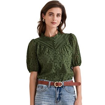 Women's Summer Floral Crochet Hollow Out Ruffle Neck Short Sleeve Top