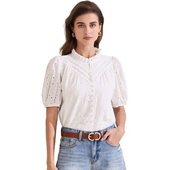 Women's Summer Floral Crochet Hollow Out Ruffle Neck Short Sleeve Top
