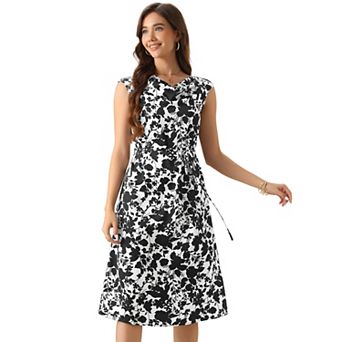 Elegant Floral Dress for Women's Casual Office Cowl Neck Cap Sleeve Midi Dress