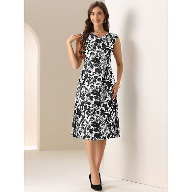 Elegant Floral Dress for Women's Casual Office Cowl Neck Cap Sleeve Midi Dress