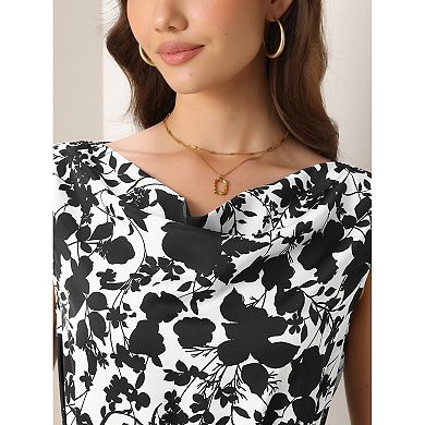 Elegant Floral Dress for Women's Casual Office Cowl Neck Cap Sleeve Midi Dress