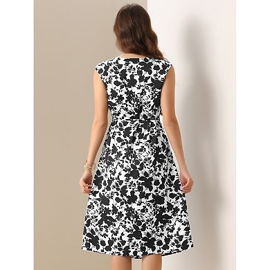 Elegant Floral Dress for Women's Casual Office Cowl Neck Cap Sleeve Midi Dress
