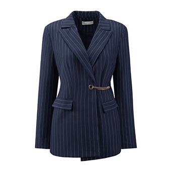 Women's Striped Blazers Lapel Collar Chain Decor Long Sleeve Work Office Jackets