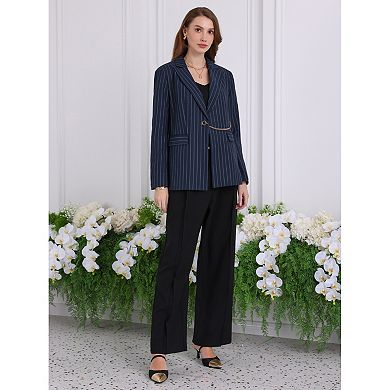 Women's Striped Blazers Lapel Collar Chain Decor Long Sleeve Work Office Jackets