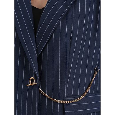 Women's Striped Blazers Lapel Collar Chain Decor Long Sleeve Work Office Jackets