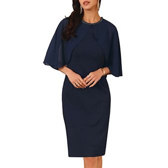 Women's Wedding Guest Dress Beaded Crewneck Cocktail Chiffon Cape Dress