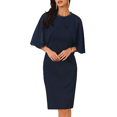 Women's Wedding Guest Dress Beaded Crewneck Cocktail Chiffon Cape Dress