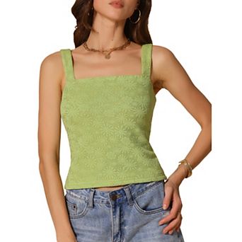 Women's Square Neck Wide Strap Crop Tank Tops Sleeveless Lettuce Trim Casual Floral Cami Vest Top