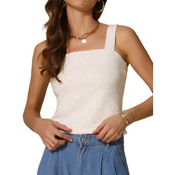 Women's Square Neck Wide Strap Crop Tank Tops Sleeveless Lettuce Trim Casual Floral Cami Vest Top
