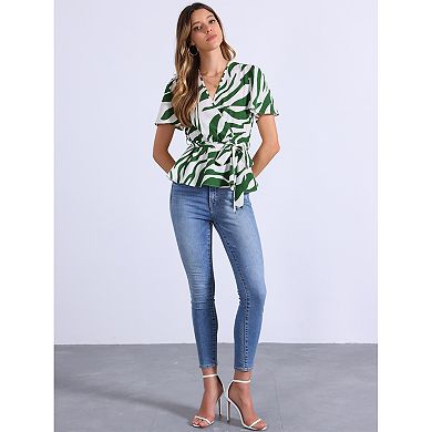 Printed Peplum Top for Women's Flutter Sleeves Elastic Waist Belt Wrap V Neck Blouse