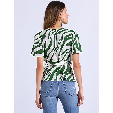 Printed Peplum Top for Women's Flutter Sleeves Elastic Waist Belt Wrap V Neck Blouse