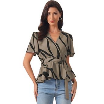 Printed Peplum Top for Women's Flutter Sleeves Elastic Waist Belt Wrap V Neck Blouse
