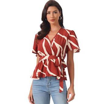 Printed Peplum Top for Women's Flutter Sleeves Elastic Waist Belt Wrap V Neck Blouse