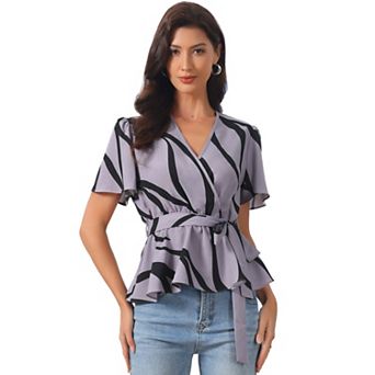 Printed Peplum Top for Women's Flutter Sleeves Elastic Waist Belt Wrap V Neck Blouse