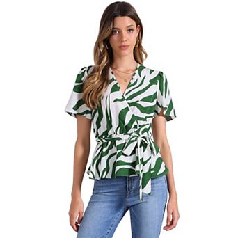 Printed Peplum Top for Women's Flutter Sleeves Elastic Waist Belt Wrap V Neck Blouse