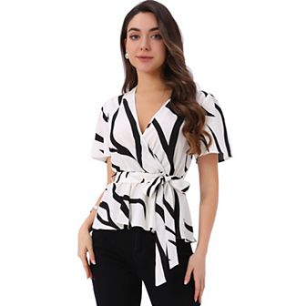 Printed Peplum Top for Women's Flutter Sleeves Elastic Waist Belt Wrap V Neck Blouse