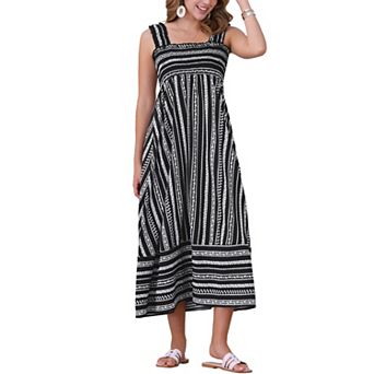 Sleeveless Summer Dress for Women's Smocked Printed Vacation Boho Maxi Dresses