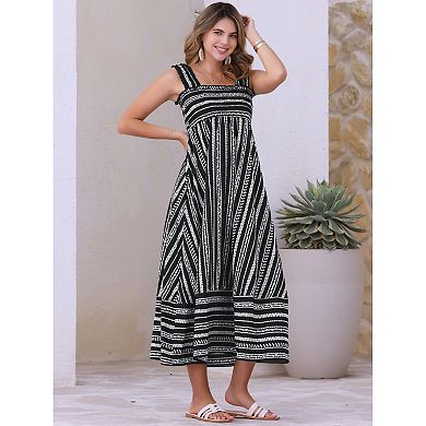 Sleeveless Summer Dress for Women's Smocked Printed Vacation Boho Maxi Dresses