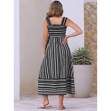 Sleeveless Summer Dress for Women's Smocked Printed Vacation Boho Maxi Dresses