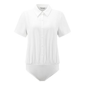Women's Button Down Bodysuit Shirt Business Work Short Sleeve Collared Blouse Top